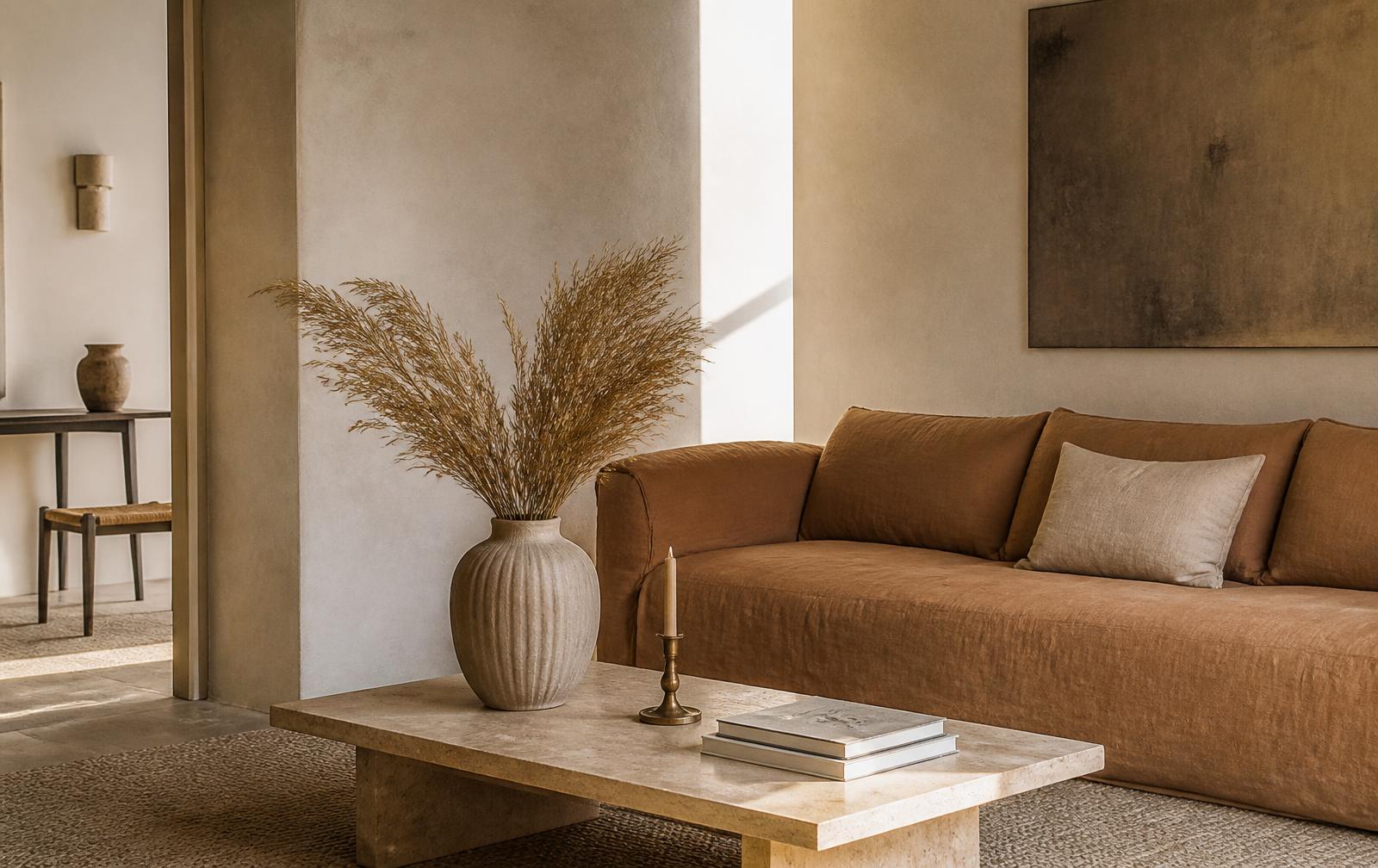 Ambientazione living con vaso in ceramica, portacandele e cornice