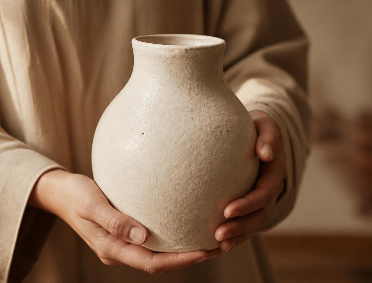 Mani che sostengono un vaso in ceramica artigianale